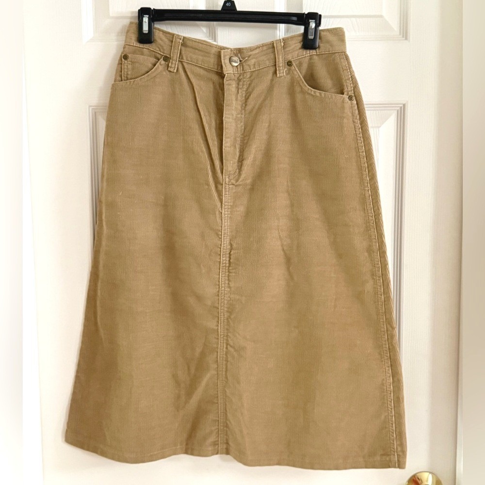 Vintage L.L. Bean Corduroy‎ Midi Skirt Tan Khaki High Waisted A-Line Size 12 USA